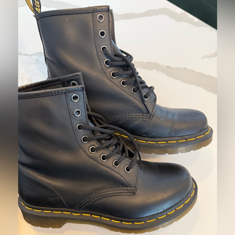 Black Leather Lace-Up Boots with Yellow Stitching